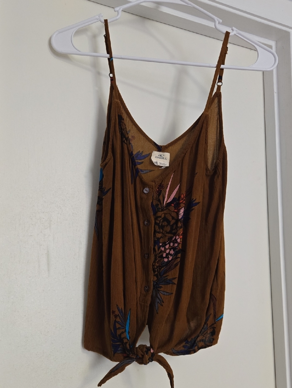 O'Neill Brown Floral Tie-Front Spaghetti Strap Top